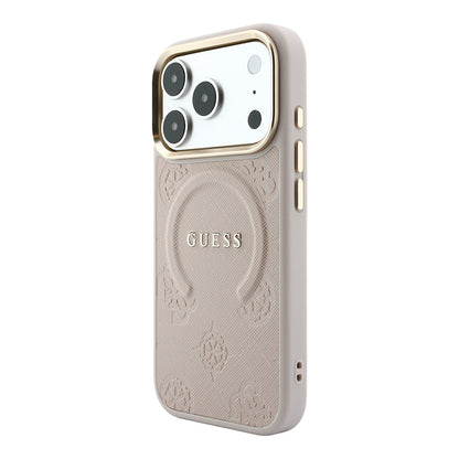 Apple iPhone 18 Pro Max Kılıf Guess Orjinal Lisanslı M-safe Şarj Özellikli Sıcak Baskılı Yazı Logolu C-Magnet PU Deri Peony Kapak