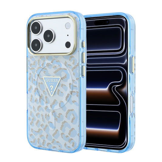 Apple iPhone 18 Pro Max Kılıf Guess Orjinal Lisanslı M-safe Şarj Özellikli Üçgen Logolu Simli Leopar Desenli Kapak