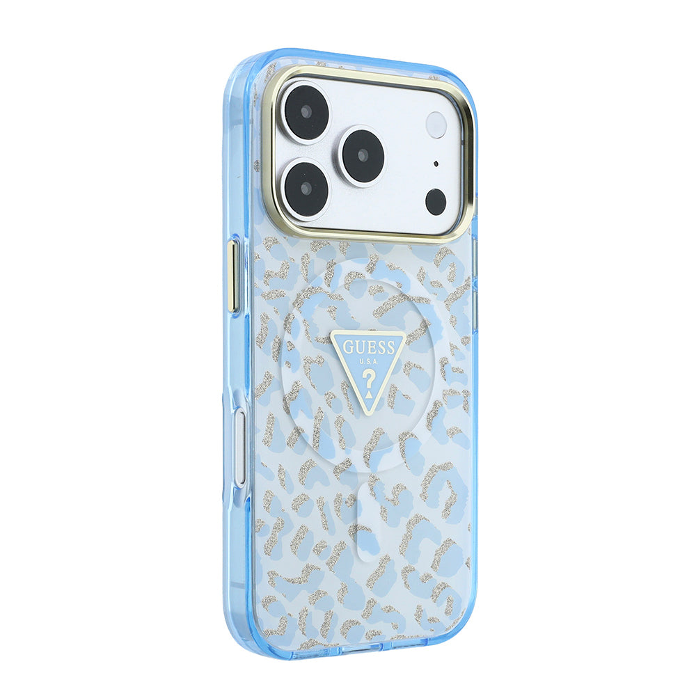 Apple iPhone 18 Pro Max Kılıf Guess Orjinal Lisanslı M-safe Şarj Özellikli Üçgen Logolu Simli Leopar Desenli Kapak