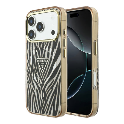 Apple iPhone 18 Pro Max Kılıf Guess Orjinal Lisanslı M-safe Şarj Özellikli Üçgen Logolu Zebra Desenli Silikon Kapak