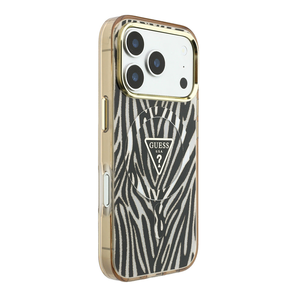 Apple iPhone 18 Pro Max Kılıf Guess Orjinal Lisanslı M-safe Şarj Özellikli Üçgen Logolu Zebra Desenli Silikon Kapak