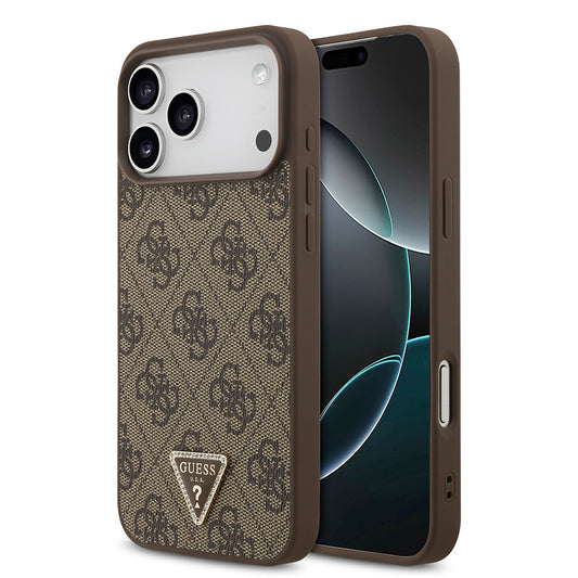Apple iPhone 18 Pro Max Kılıf Guess Orjinal Lisanslı M-safe Şarj Özllikli PU Deri Taşlı Üçgen Logo 4G Desenli Strass Kapak