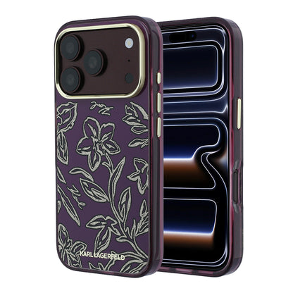 Apple iPhone 18 Pro Max Kılıf Karl Lagerfeld Orjinal Lisanslı M-safe Şarj Özellikli Gold Metal Kamera Çerçeveli Çiçek Tasarımlı Kapak