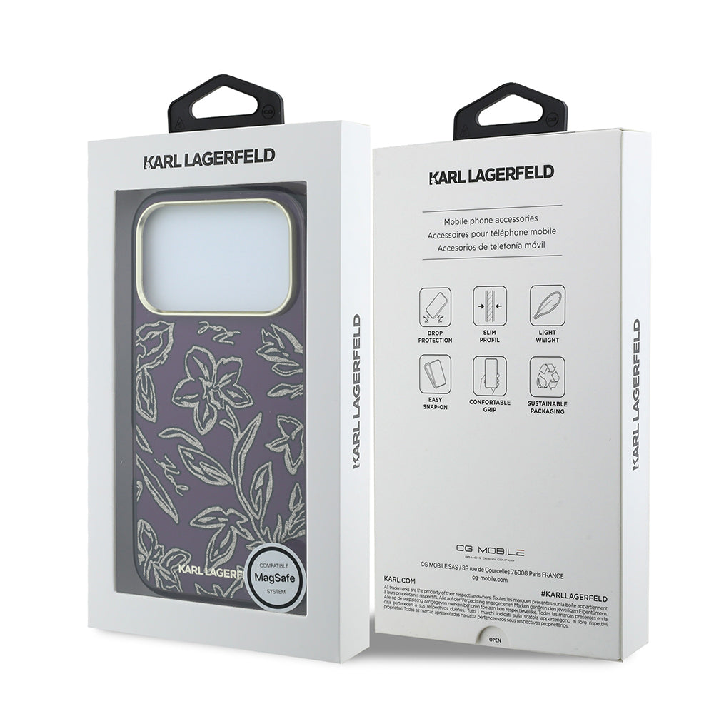 Apple iPhone 18 Pro Max Kılıf Karl Lagerfeld Orjinal Lisanslı M-safe Şarj Özellikli Gold Metal Kamera Çerçeveli Çiçek Tasarımlı Kapak