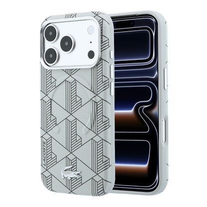 Apple iPhone 18 Pro Max Kılıf Lacoste Orjinal Lisanslı M-safe Şarj Özellikli Metal Logolu Deri Karışık Monogram Desenli Kapak