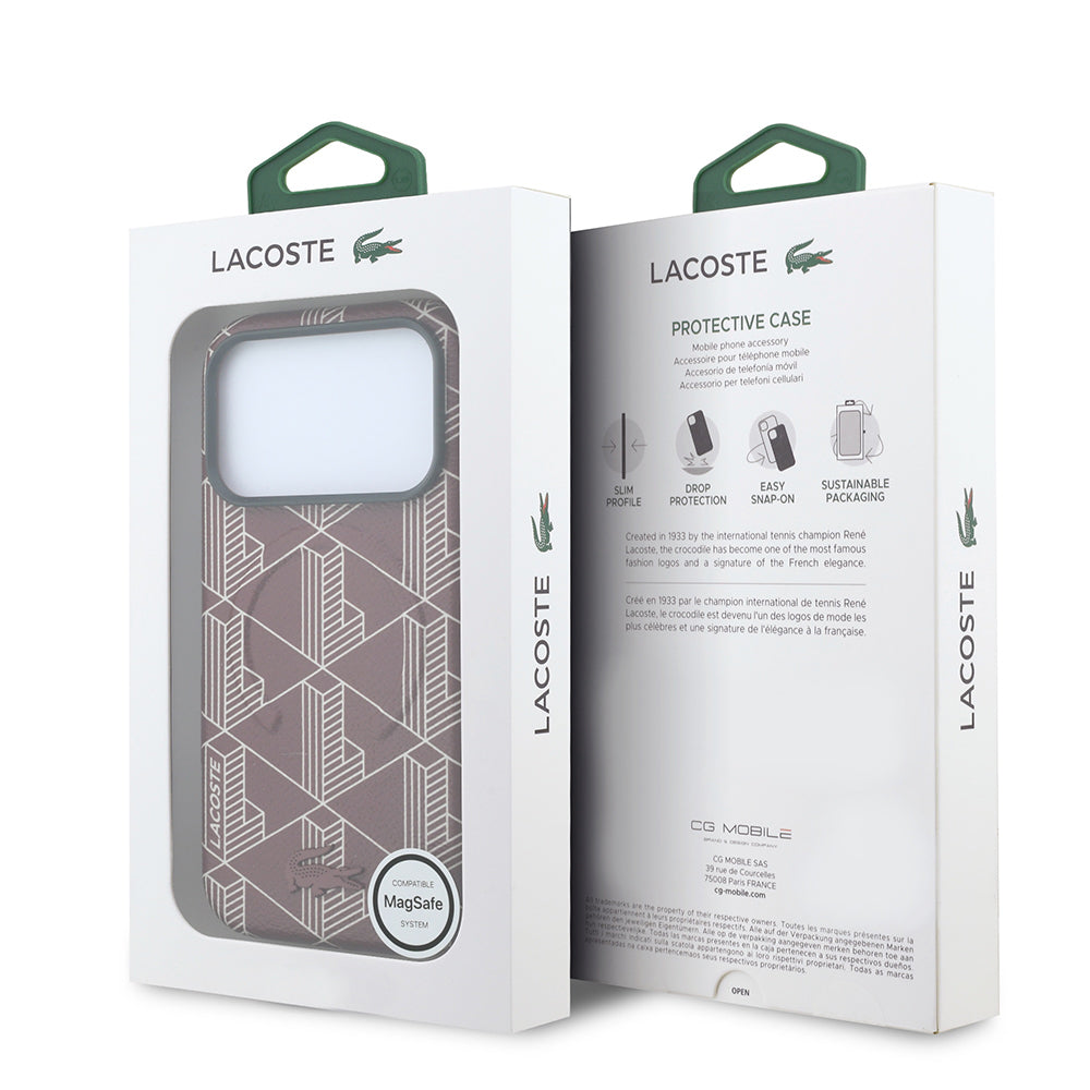 Apple iPhone 18 Pro Max Kılıf Lacoste Orjinal Lisanslı M-safe Şarj Özellikli Metal Logolu Deri Karışık Monogram Desenli Kapak