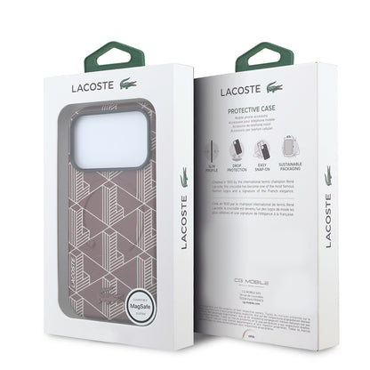 Apple iPhone 18 Pro Max Kılıf Lacoste Orjinal Lisanslı M-safe Şarj Özellikli Metal Logolu Deri Karışık Monogram Desenli Kapak