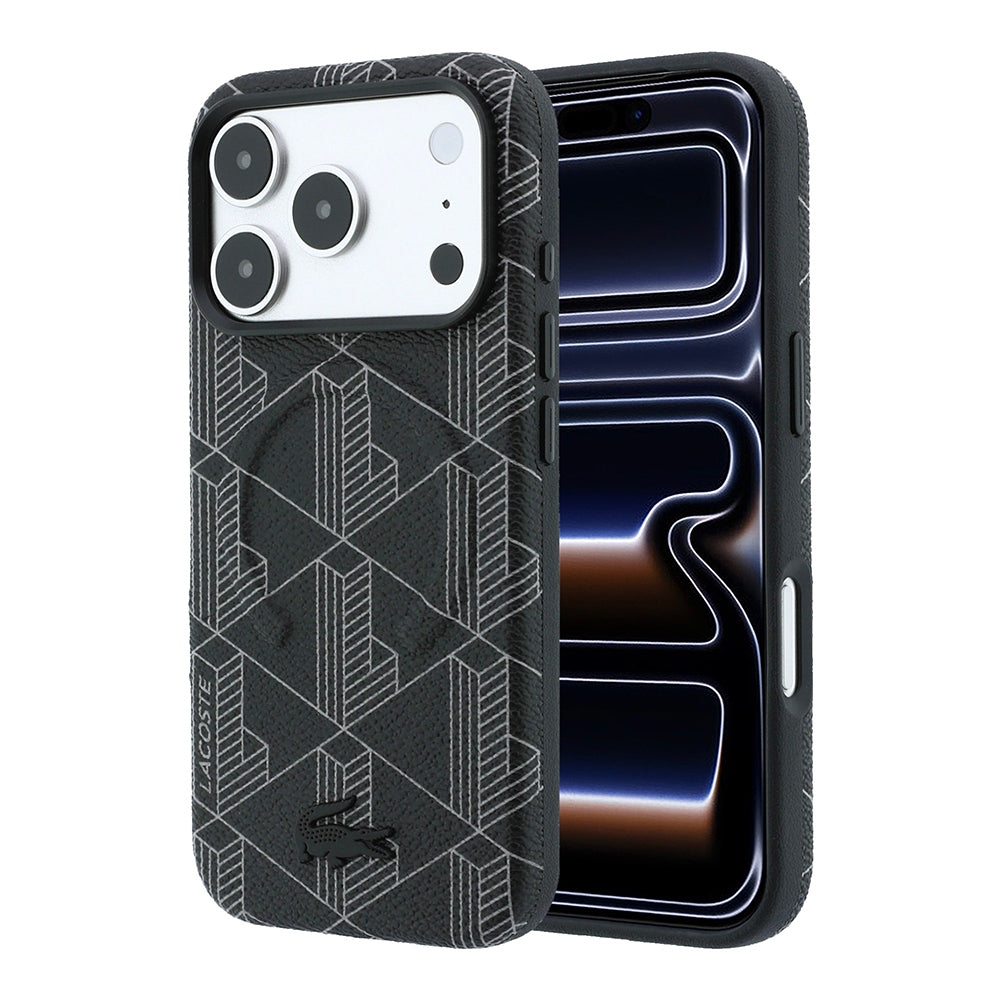 Apple iPhone 18 Pro Max Kılıf Lacoste Orjinal Lisanslı M-safe Şarj Özellikli Metal Logolu Deri Karışık Monogram Desenli Kapak