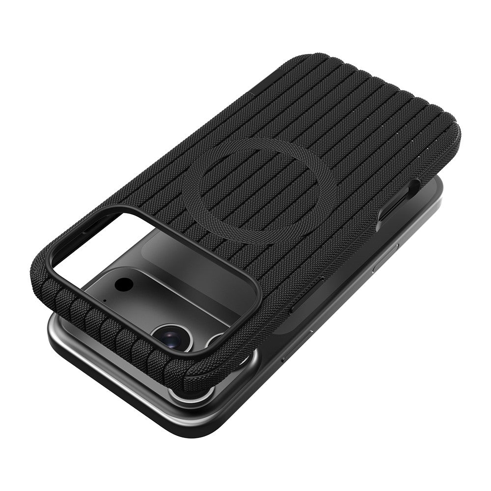Apple iPhone 18 Pro Max Kılıf M-Safe Şarj Özellikli Çizgi Desenli Kumaş Dokulu Zore Paris Lorin Kapak