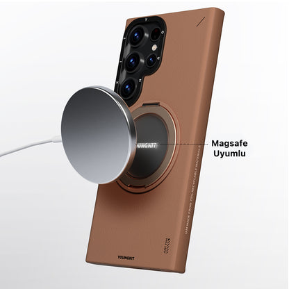 Galaxy S23 Ultra Kılıf M-safe Şarj Özellikli 360° Standlı Basit Mat Deri Desenli Youngkit Tech Leather Serisi Kapak