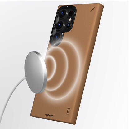 Galaxy S23 Ultra Kılıf M-safe Şarj Özellikli Basit Mat Deri Desenli Youngkit Tech Fashion Serisi Kapak