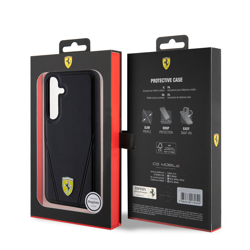 Galaxy S24 Kılıf Ferrari Orjinal Lisanslı M-safe Şarj Özellikli Sıcak Baskı V Çizgili Deri Kapak