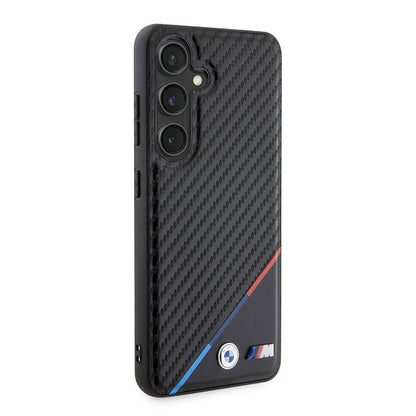 Galaxy S24 Plus Kılıf BMW Orjinal Lisanslı M-safe Şarj Özellikli M Logolu Üç Çizgili PU Karbon Kapak
