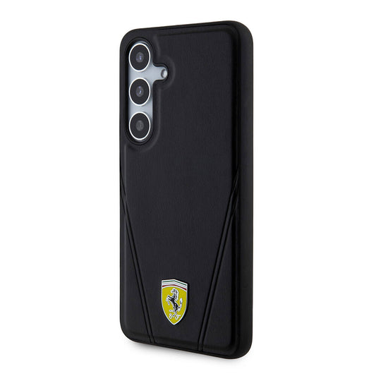 Galaxy S24 Plus Kılıf Ferrari Orjinal Lisanslı M-safe Şarj Özellikli Sıcak Baskı V Çizgili Deri Kapak