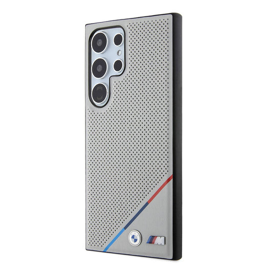 Galaxy S24 Ultra Kılıf BMW Orjinal Lisanslı M-safe Şarj Özellikli M Logolu Üç Çizgili Delikli Deri Kapak