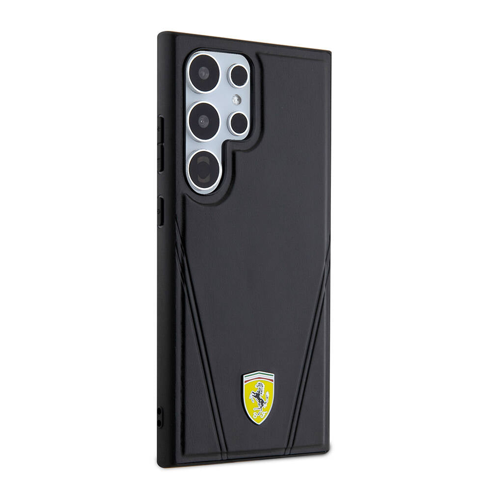 Galaxy S24 Ultra Kılıf Ferrari Orjinal Lisanslı M-safe Şarj Özellikli Sıcak Baskı V Çizgili Deri Kapak