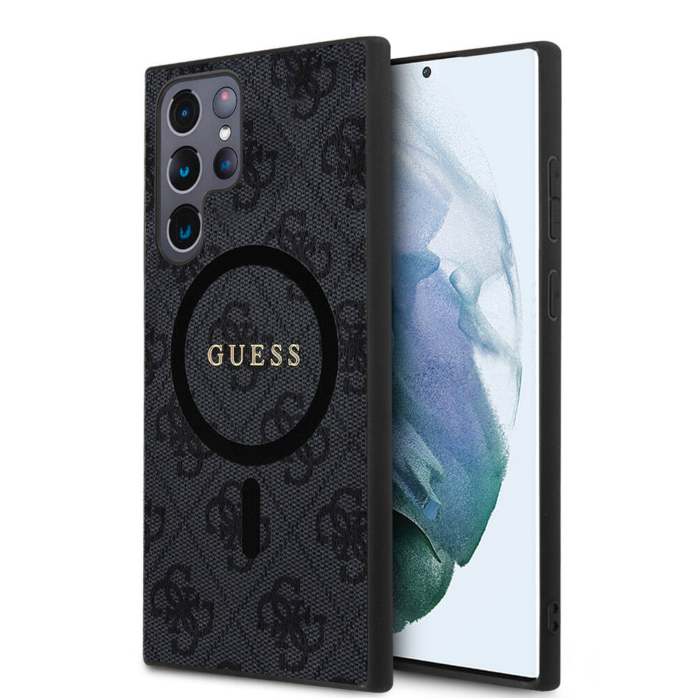 Galaxy S24 Ultra Kılıf Guess Orjinal Lisanslı M-safe Şarj Özellikli PU Halkalı 4G Desenli Yazı Logolu Kapak