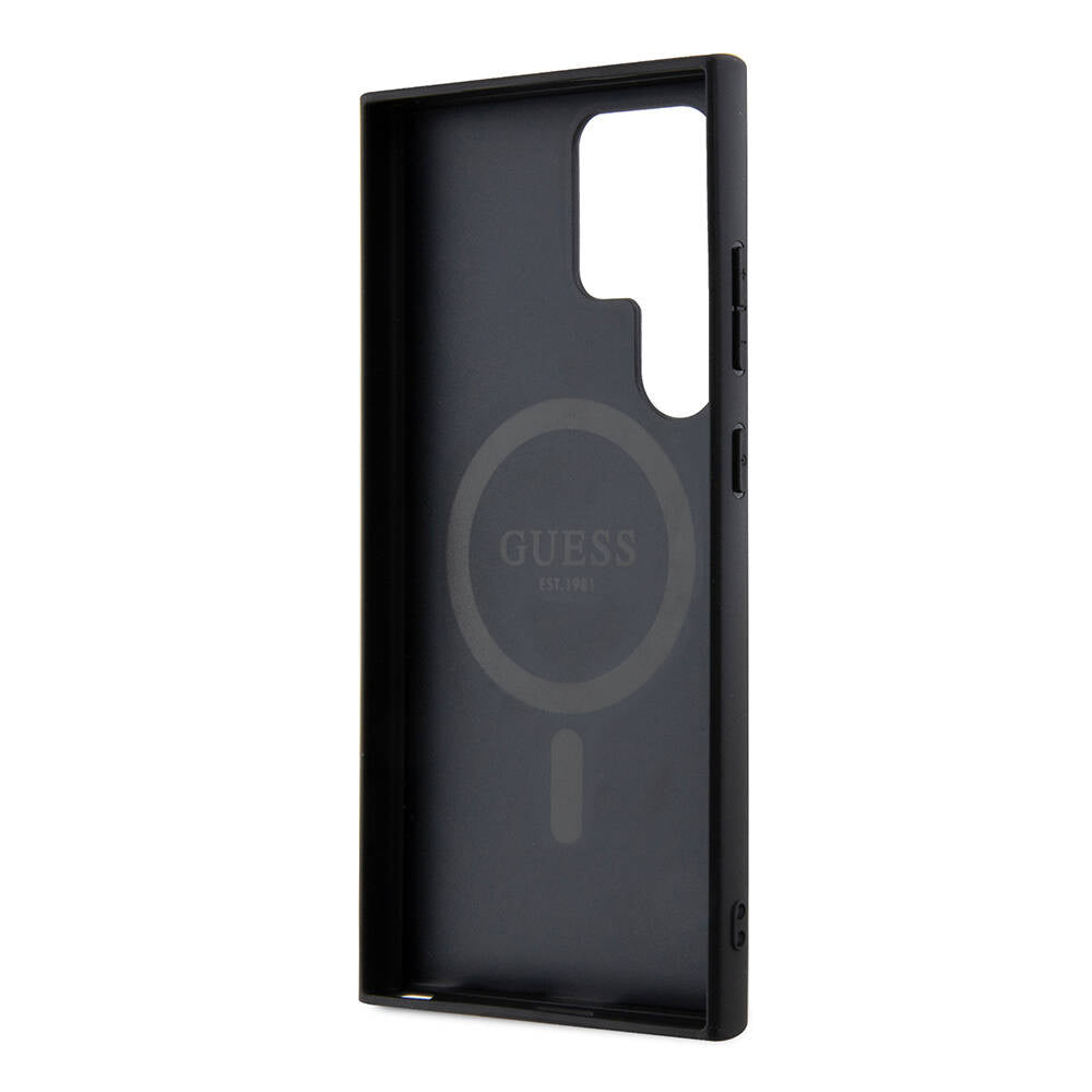 Galaxy S24 Ultra Kılıf Guess Orjinal Lisanslı M-safe Şarj Özellikli PU Halkalı 4G Desenli Yazı Logolu Kapak