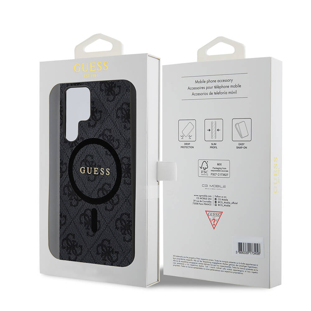Galaxy S24 Ultra Kılıf Guess Orjinal Lisanslı M-safe Şarj Özellikli PU Halkalı 4G Desenli Yazı Logolu Kapak