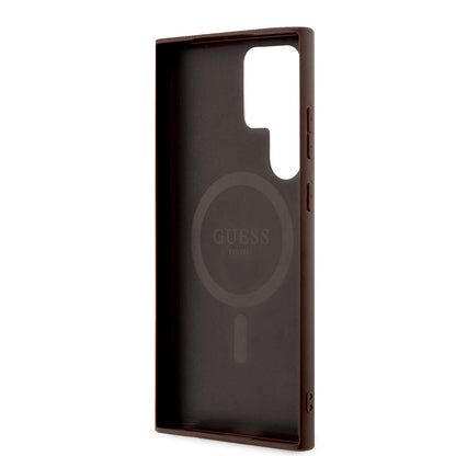 Galaxy S24 Ultra Kılıf Guess Orjinal Lisanslı M-safe Şarj Özellikli PU Halkalı 4G Desenli Yazı Logolu Kapak