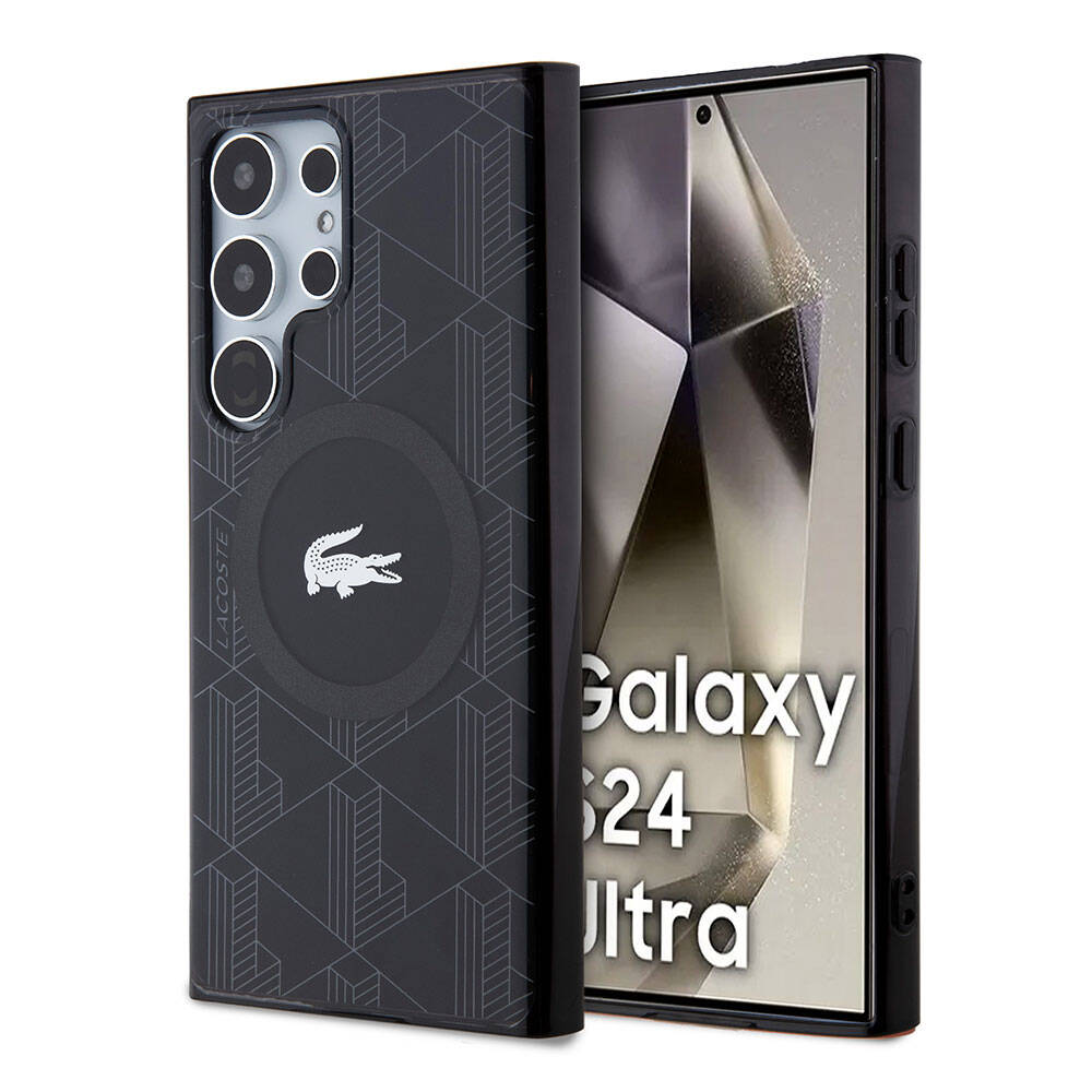 Galaxy S24 Ultra Kılıf Lacoste Orjinal Lisanslı M-safe Şarj Özellikli Çift Katmanlı Timsah Logolu Blend Monogram Kapak