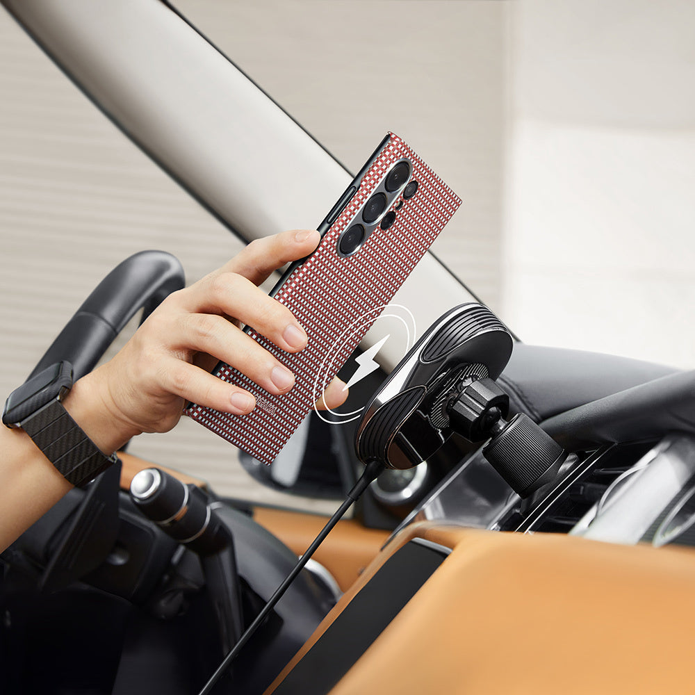 Galaxy S24 Ultra Kılıf M-safe Şarj Özellikli 1500D Aramid Fiber Pitaka Ultra-Slim Classic Serisi Bonfire Kapak