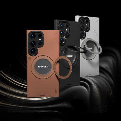 Galaxy S24 Ultra Kılıf M-safe Şarj Özellikli 360° Standlı Basit Mat Deri Desenli Youngkit Tech Leather Serisi Kapak