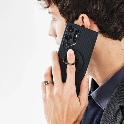 Galaxy S24 Ultra Kılıf M-safe Şarj Özellikli 600D Aramid Fiber Pitaka Ultra-Slim Classic Serisi Black-Grey Twill Kapak
