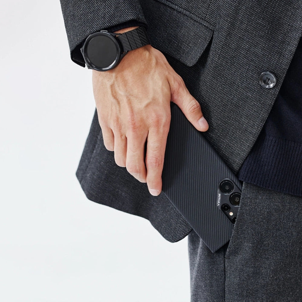 Galaxy S24 Ultra Kılıf M-safe Şarj Özellikli 600D Aramid Fiber Pitaka Ultra-Slim Classic Serisi Black-Grey Twill Kapak