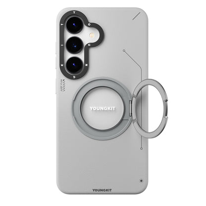 Galaxy S25 Kılıf M-safe Şarj Özellikli 360° Standlı Basit Mat Deri Desenli Youngkit Tech Leather Serisi Kapak