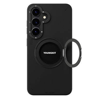 Galaxy S25 Kılıf M-safe Şarj Özellikli 360° Standlı Basit Mat Deri Desenli Youngkit Tech Leather Serisi Kapak