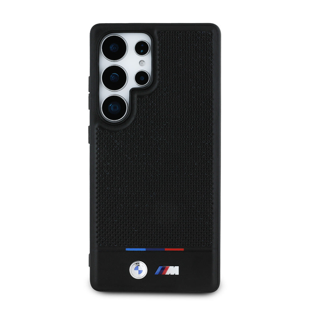Galaxy S25 Ultra Kılıf BMW Orjinal Lisanslı M-safe Şarj Özellikli M Logolu Bottom Üç Çizgili Delikli PU Deri Kapak