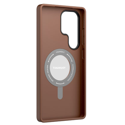 Galaxy S25 Ultra Kılıf M-safe Şarj Özellikli 360° Standlı Basit Mat Deri Desenli Youngkit Tech Leather Serisi Kapak