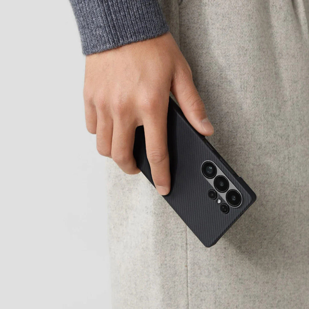 Galaxy S25 Ultra Kılıf M-safe Şarj Özellikli 600D Aramid Fiber Pitaka Ultra-Slim Classic Serisi Black-Grey Twill Kapak