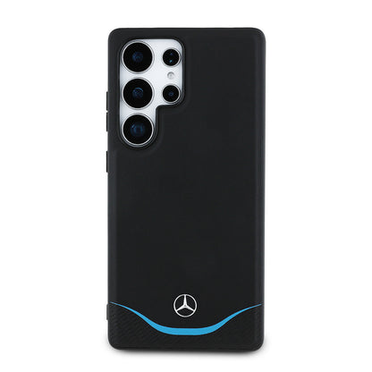 Galaxy S25 Ultra Kılıf Mercedes Benz Orjinal Lisanslı M-safe Şarj Özellikli 3D Metal Logolu Mavi Yatay Eğri Çizgili Deri Kapak