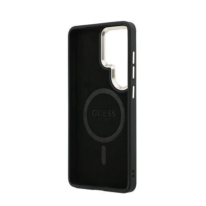Galaxy S26 Ultra Kılıf Guess Orjinal Lisanslı M-safe Şarj Özellikli Metal Kamera Çerçeveli PU Deri 4G Desenli Yazı Logolu Kapak