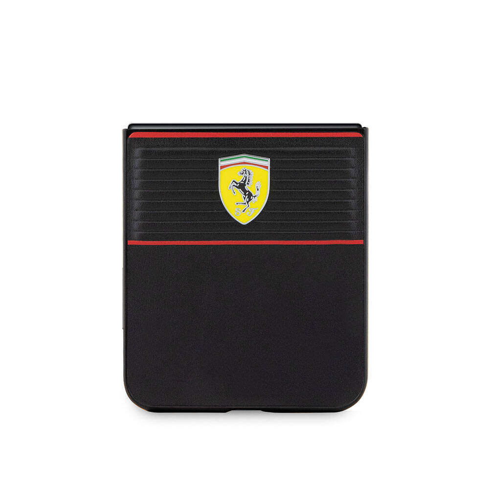 Galaxy Z Flip 5 Kılıf Ferrari Orjinal Lisanslı PU Deri Metal Logolu Multi Çizgili Kapak