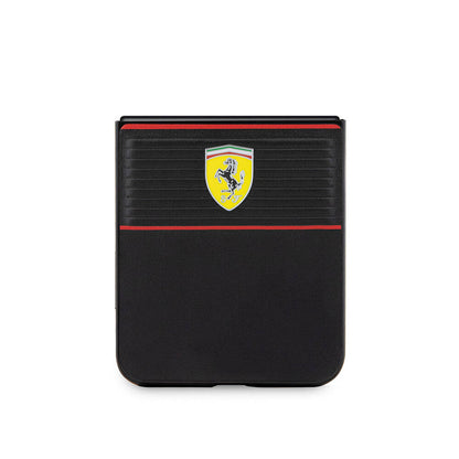 Galaxy Z Flip 5 Kılıf Ferrari Orjinal Lisanslı PU Deri Metal Logolu Multi Çizgili Kapak