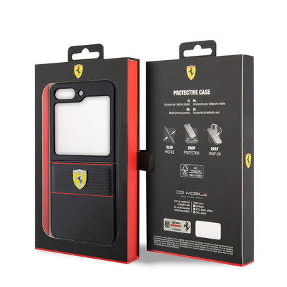 Galaxy Z Flip 5 Kılıf Ferrari Orjinal Lisanslı PU Deri Metal Logolu Multi Çizgili Kapak