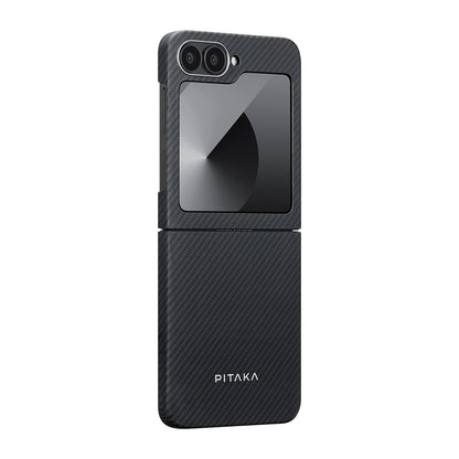Galaxy Z Flip 6 Kılıf M-safe Şarj Özellikli 600D Aramid Fiber Pitaka Ultra-Slim Classic Serisi Black-Grey Twill Kapak