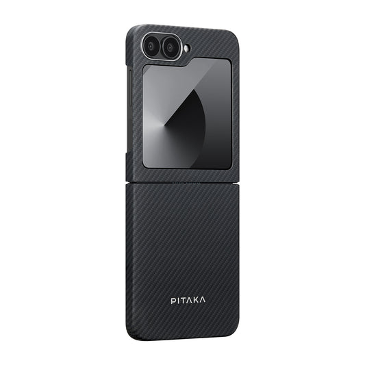 Galaxy Z Flip 6 Kılıf M-safe Şarj Özellikli 600D Aramid Fiber Pitaka Ultra-Slim Classic Serisi Black-Grey Twill Kapak