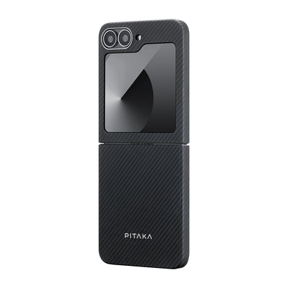 Galaxy Z Flip 6 Kılıf M-safe Şarj Özellikli 600D Aramid Fiber Pitaka Ultra-Slim Classic Serisi Black-Grey Twill Kapak