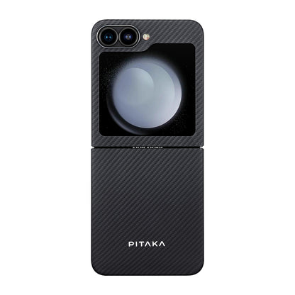 Galaxy Z Flip 6 Kılıf M-safe Şarj Özellikli 600D Aramid Fiber Pitaka Ultra-Slim Classic Serisi Black-Grey Twill Kapak
