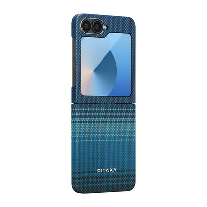 Galaxy Z Flip 6 Kılıf M-safe Şarj Özellikli Aramid Fiber Pitaka Tactile Woven Sunset-Moonrise Serisi Moonrise Kapak