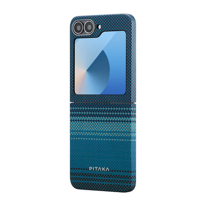 Galaxy Z Flip 6 Kılıf M-safe Şarj Özellikli Aramid Fiber Pitaka Tactile Woven Sunset-Moonrise Serisi Moonrise Kapak