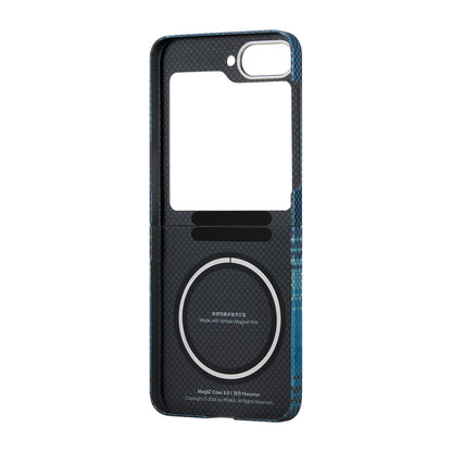 Galaxy Z Flip 6 Kılıf M-safe Şarj Özellikli Aramid Fiber Pitaka Tactile Woven Sunset-Moonrise Serisi Moonrise Kapak