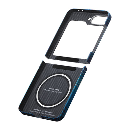 Galaxy Z Flip 6 Kılıf M-safe Şarj Özellikli Aramid Fiber Pitaka Tactile Woven Sunset-Moonrise Serisi Moonrise Kapak