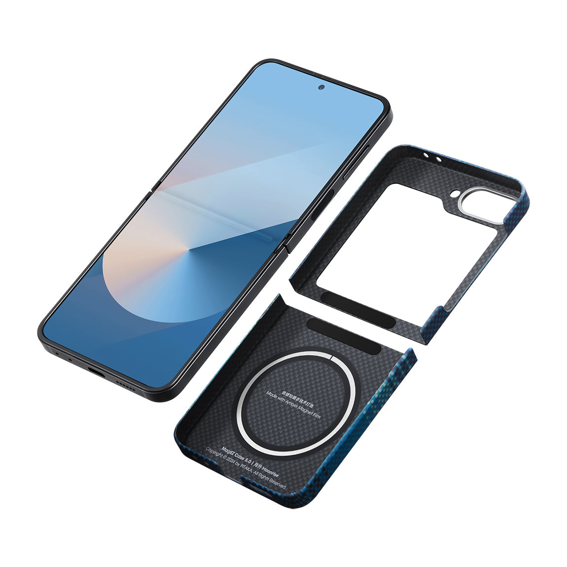 Galaxy Z Flip 6 Kılıf M-safe Şarj Özellikli Aramid Fiber Pitaka Tactile Woven Sunset-Moonrise Serisi Moonrise Kapak