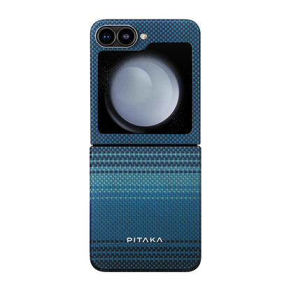 Galaxy Z Flip 6 Kılıf M-safe Şarj Özellikli Aramid Fiber Pitaka Tactile Woven Sunset-Moonrise Serisi Moonrise Kapak