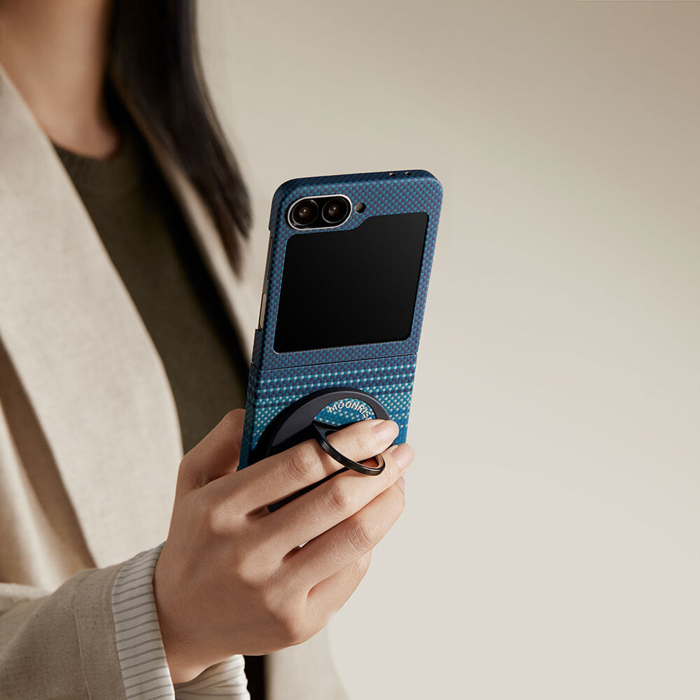 Galaxy Z Flip 6 Kılıf M-safe Şarj Özellikli Aramid Fiber Pitaka Tactile Woven Sunset-Moonrise Serisi Moonrise Kapak